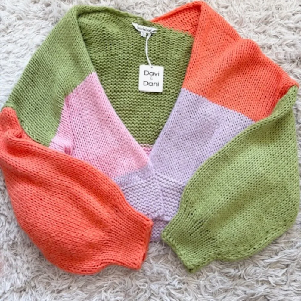 DAVI & DANI Colorblock Cardigan - Green, Pink, Orange